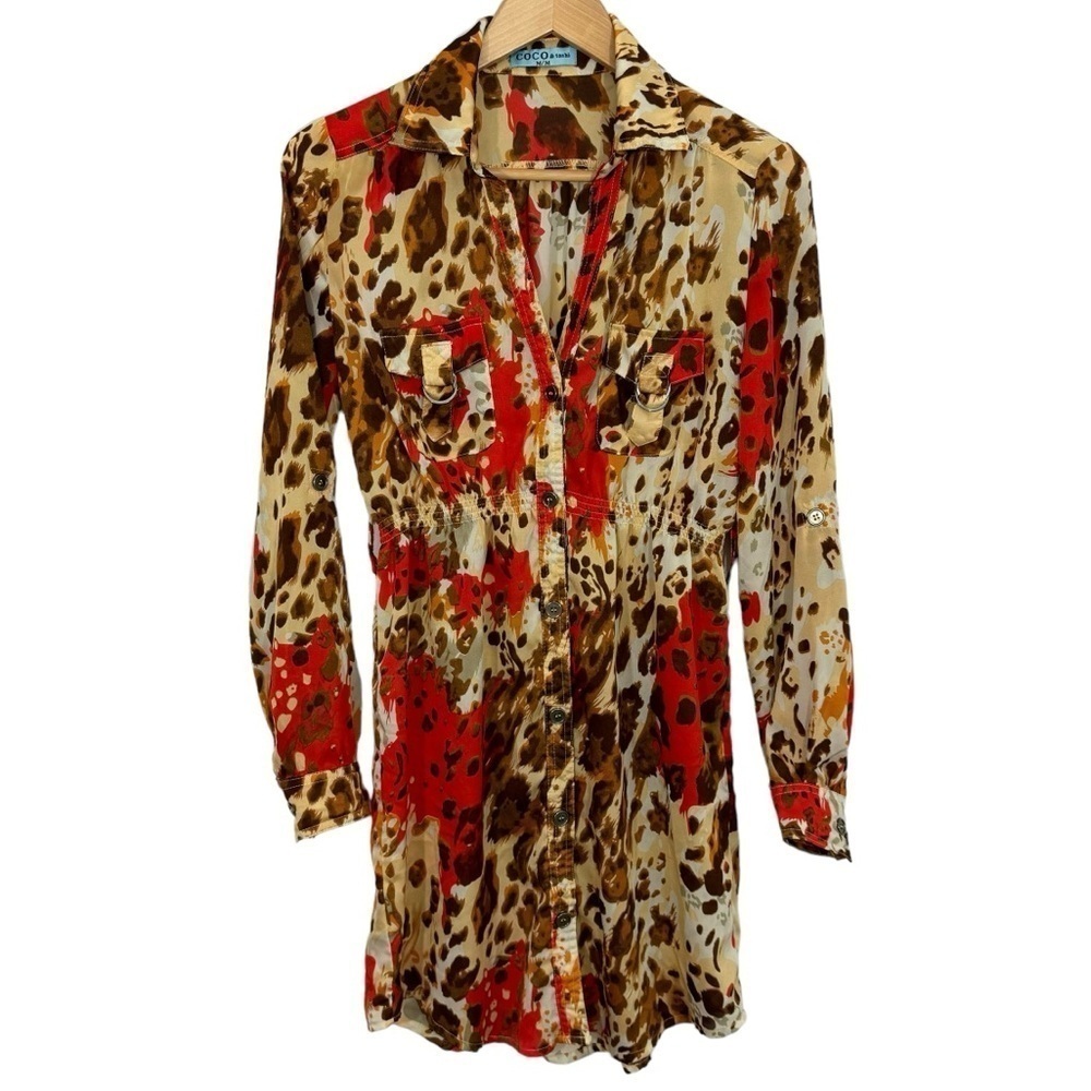 Coco & Tashi Button Up Tunic Top Sz M Animal Print Blouse Longline Bold Funky